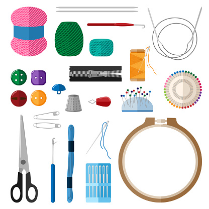 Set for handmade on white background. Kit for handicraft embroidery hoops, threads, yarn, needles, thimble, buttons, pins, scissors, slider.