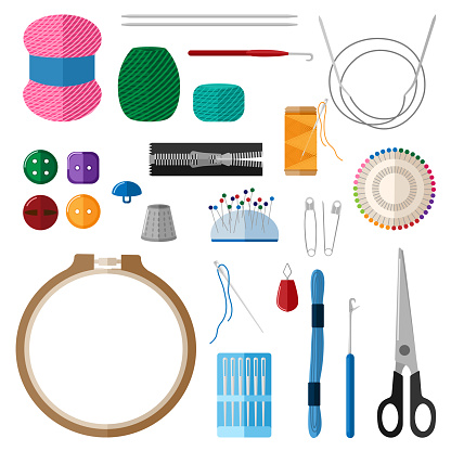 Set for handmade on white background. Kit for handicraft embroidery hoops, threads, yarn, needles,, thimble, buttons, pins, scissors, slider in style flat.