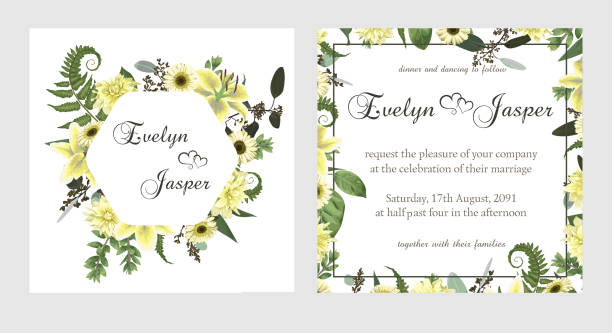 Set for wedding invitation, greeting card, save date, banner. Fern leaf, boxwood, brunia and eucalyptus. Flowers of white lily, gerbera, dahlia, brunia. Square, round Set for wedding invitation, greeting card, save date, banner. Fern leaf, boxwood, brunia and eucalyptus. Flowers of white lily, gerbera, dahlia, brunia. Square, round on white background pain borders stock illustrations