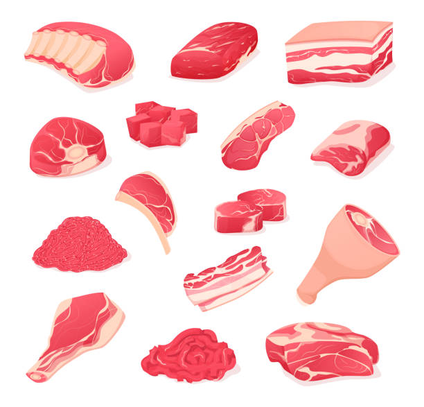 Set fragments of pork, beef meat. Assortment of meat slices. Meat fresh steaks cartoon set. Fragments of pork and beef. Assortment of meat slices of dish is beef, pork, steak, boneless ridge, whole leg, roast, brisket, ribs, rustic brisket, minced, cubes vector meatloaf stock illustrations