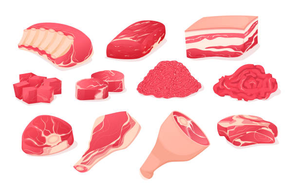 Set fragments of pork, beef meat. Assortment of meat slices. Meat fresh steaks cartoon set. Meat parts animals pork and beef. Assortment of meat slices of dish is beef, pork, steak, boneless ridge, whole leg, roast, brisket, ribs, rustic brisket vector meatloaf stock illustrations