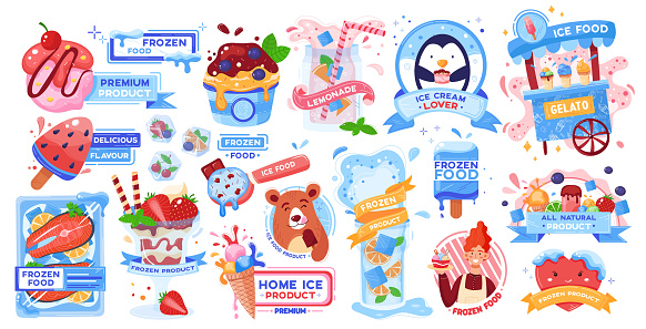 Set frozen food, ice and snow for safety product, cold ice cream, design cartoon style vector illustration, isolated on white.