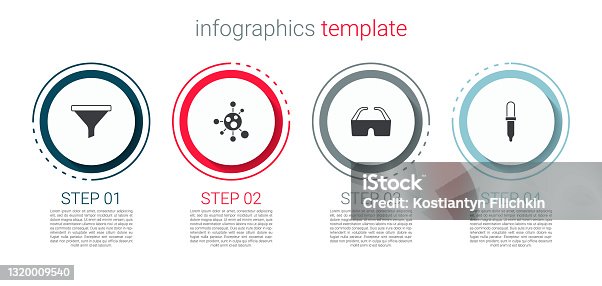 istock Set Funnel or filter, Molecule, Safety goggle glasses and Pipette. Business infographic template. Vector 1320009540