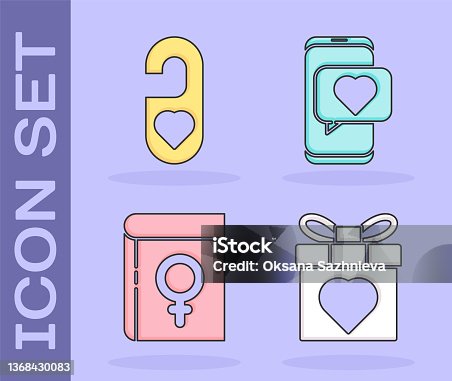 istock Set Gift box and heart, Please do not disturb with heart, Book about women and Online dating app and chat icon. Vector 1368430083