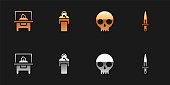 Set Glass showcase for exhibit, Gives lecture, Human skull and Dagger icon. Vector.