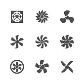 Set glyph icons of fan isolated on white. Computer cooler, propeller, ventilation equipment. Vector illustration