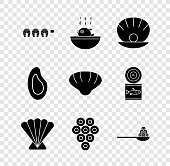 Set Grilled fish steak Puffer soup Shell with pearl Scallop sea shell Caviar on spoon Mussel and icon. Vector.