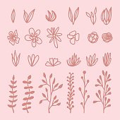 Set hand drawn herbal Twigs. Floral sprig. Spring leaves, flowers, buttons, blade, bush isolated on white background. Doodle outline vector illustration for wedding design, logo and greeting card