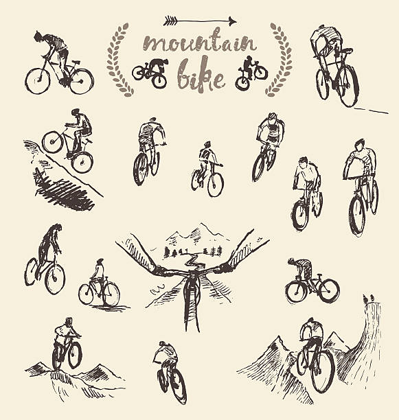 Set hand drawn mountain bike cyclist vector sketch Big set of a hand drawing mountain bikes, vector illustration, sketch cycling drawings stock illustrations