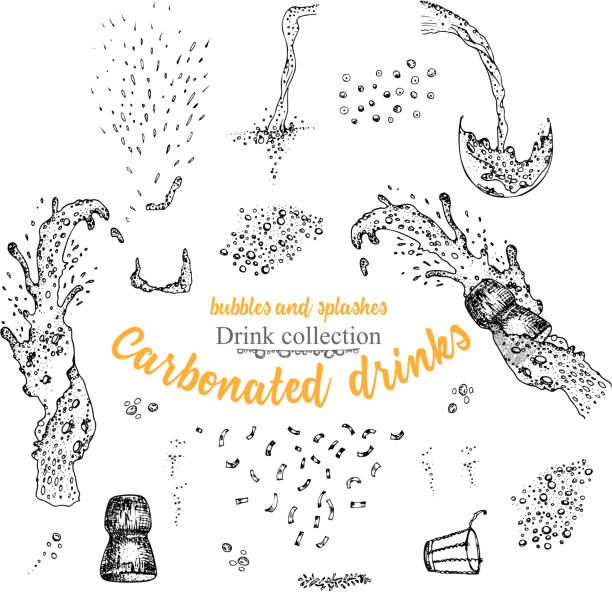 Set hand drawn sketch bursts, bubbles, foam carbonated drinks, champagne bottles exploding, textures and backgrounds, Graphic vector art Set hand drawn sketch bursts, bubbles, foam carbonated drinks, champagne bottles exploding, textures and backgrounds, Graphic vector art Creative template for flyer, banner, poster Engraving style champagne drawings stock illustrations