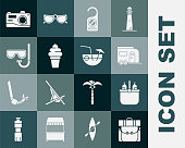 istock Set Hiking backpack, Cooler bag and water, Rv Camping trailer, Please do not disturb, Ice cream waffle cone, Diving mask snorkel, Photo camera and Coconut cocktail icon. Vector 1368810039