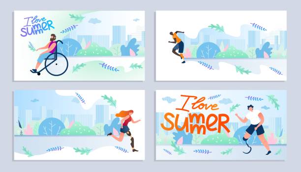 ilustrações de stock, clip art, desenhos animados e ícones de set i love summer for people with disabilities. - wheelchair street happy