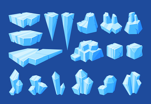 Set ice Pieces, Icebergs, Frozen Floe Blocks, Blue Iced Snowdrift Caps. Ice Lumps Or Cubes With Facets, Slippery Surface