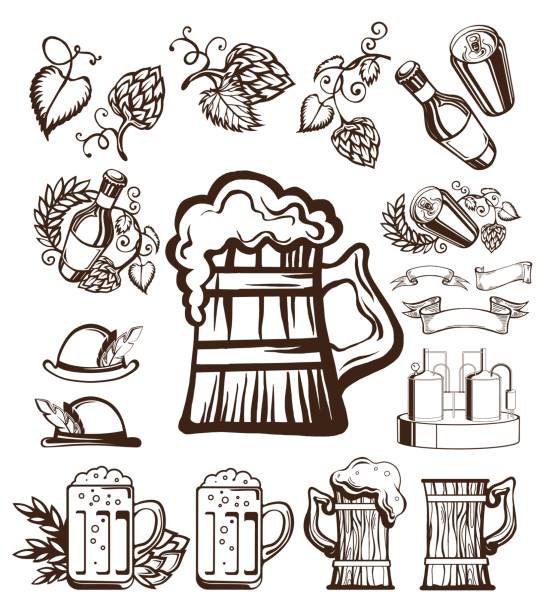 ilustraciones, imágenes clip art, dibujos animados e iconos de stock de conjunto de icono de cerveza - mano agarrando botella de cerveza y taza