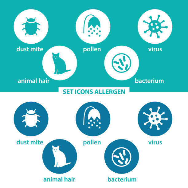 Set icons allergen. Group allergens in colored circles on dark and white background. Allergen - animal, dust mite, pollen, virus, bacterium. Set icons allergen. Group allergens in colored circles pollen stock illustrations