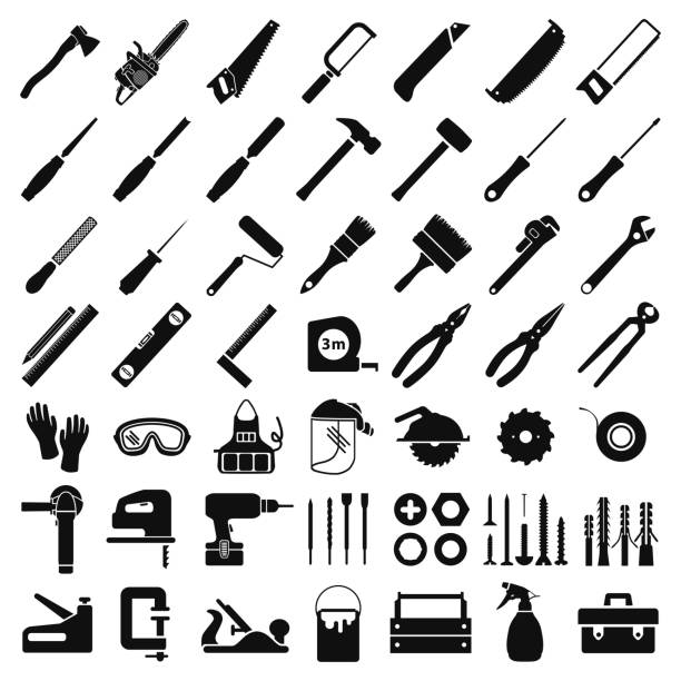 set-symbole für tischlerei-werkzeuge, ausrüstung und schutzkleidung. alles, was sie für eine schreinerei benötigen, von handwerkzeugen bis hin zu elektrogeräten. - elektrosäge stock-grafiken, -clipart, -cartoons und -symbole