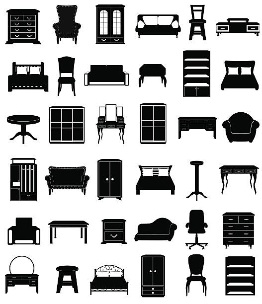 set icons furniture black silhouette outline vector illustration set icons furniture black silhouette outline vector illustration isolated on white background bedroom silhouettes stock illustrations