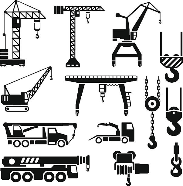 Set icons of crane, lifts and winches Set icons of crane, lifts and winches isolated on white. This illustration - EPS10 vector file. crane machinery stock illustrations