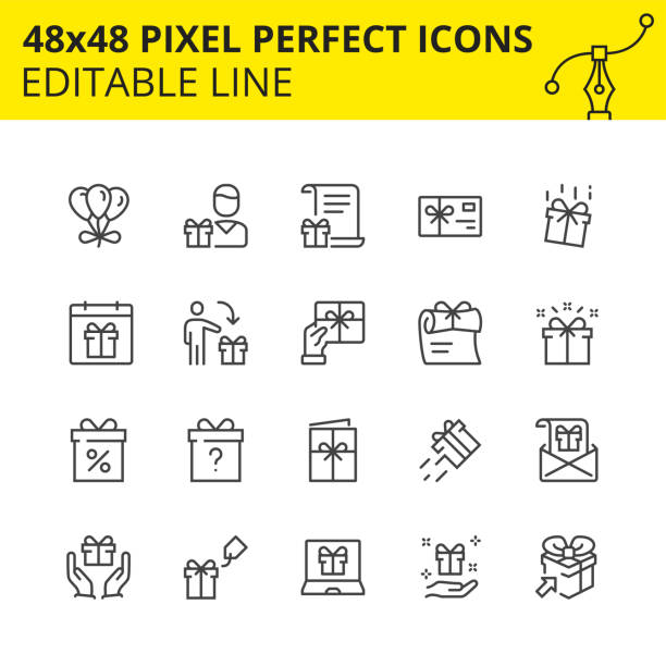 Set Icons of Gift and Surprise boxes. Scaled Icons of Gift and Surprise boxes. Includes Gift card, Air Balloons, Envelope, Postcard etc. Pixel Perfect Editable Set 48x48. Vector. bundle stock illustrations