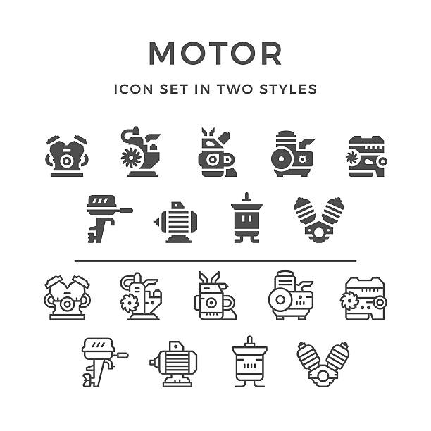 Set icons of motor and engine Set icons of motor and engine in two styles isolated on white. This illustration - EPS10 vector file. electric motor stock illustrations