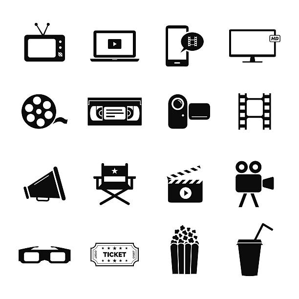 Set icons related to cinema, films and movie industry Collection of several icons related to video recording, movies, cinema, theatre and film industry. Fully editable EPS10. movie symbols stock illustrations