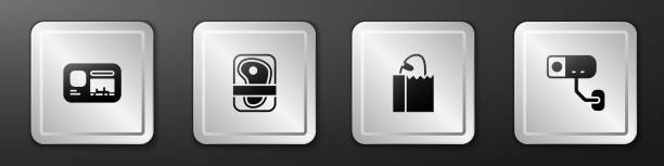 set identification badge, meat packaging steak, paper bag with bread loaf and security camera icon. silver square button. vector - meat loaf 幅插畫檔、美工圖案、卡通及圖標
