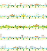 set illustration of city living area and lifestyle people Residential areas,park,school,buildings,amusement park