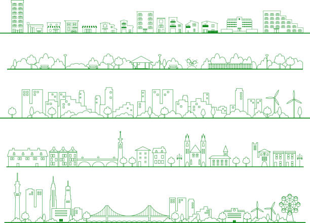 set-illustration von stadt wohnbereich wohngebiete, park, schule, gebäude - kleinstadt stock-grafiken, -clipart, -cartoons und -symbole