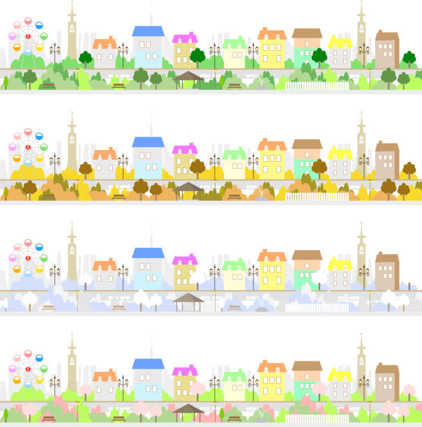 四季の都市生活地域住宅地の図を設定 - 都会　オアシス点のイラスト素材／クリップアート素材／マンガ素材／アイコン素材
