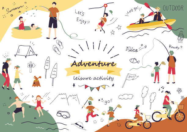 bildbanksillustrationer, clip art samt tecknat material och ikoner med set illustration of outdoor icons and people enjoying adventure - woman kayaking