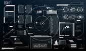 set Interface elements HUD, UI, GUI. Vector Callout Titles set. Futuristic callout bar labels, information call box bars and modern digital info boxes layout templates. Callouts titles in HUD style.