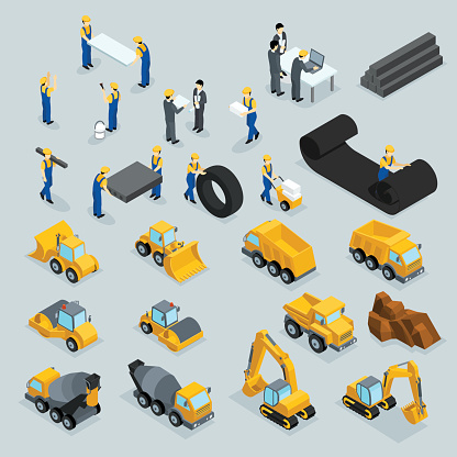 Set isometric 3D icons for construction workers, crane, machinery, power
