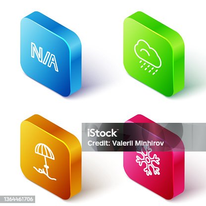 istock Set Isometric line Not applicable, Cloud with rain, Sun protective umbrella for beach and Snowflake icon. Vector 1364461706