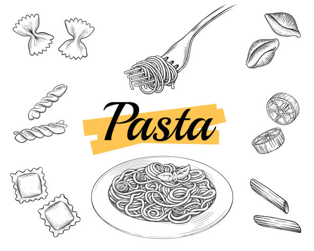 Set Italian pasta on fork and plate. Farfalle, conchiglie, penne, fusilli, spaghetti. Vector vintage black illustration isolated on white background. Engraving style. macaroni stock illustrations