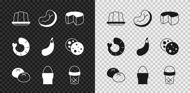 set jelly cake, steak meat, cheese, bread loaf, chicken egg on stand, ice cream in waffle, shrimp and eggplant icon. vector - meat loaf 幅插畫檔、美工圖案、卡通及圖標