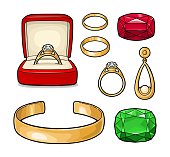 Set jewelry. Wedding ring with diamond in a gift box, earring with pearl, bracelet, emerald and ruby gem stone. Vintage color vector engraving illustration isolated on white background