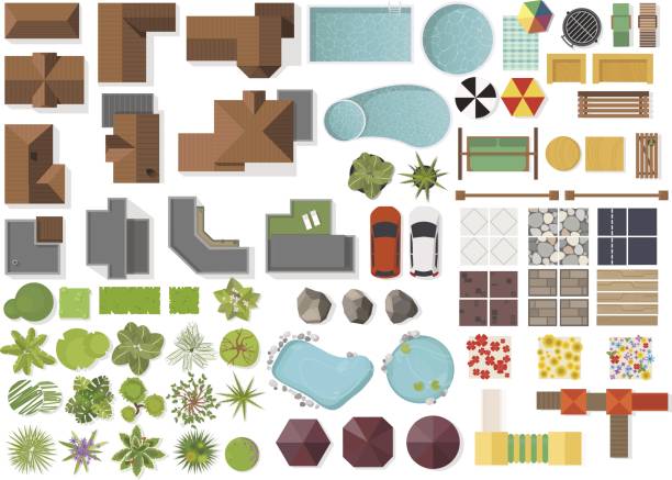 Set Landscape elements, top view.House, garden, tree, lake,swimming pools, bench, table. Landscaping symbols set isolated on white Set Landscape elements, top view.House, garden, tree, lake,swimming pools, bench, table. architecture drawings stock illustrations