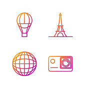 istock Set line Action extreme camera, Earth globe, Hot air balloon and Eiffel tower. Gradient color icons. Vector 1279145234