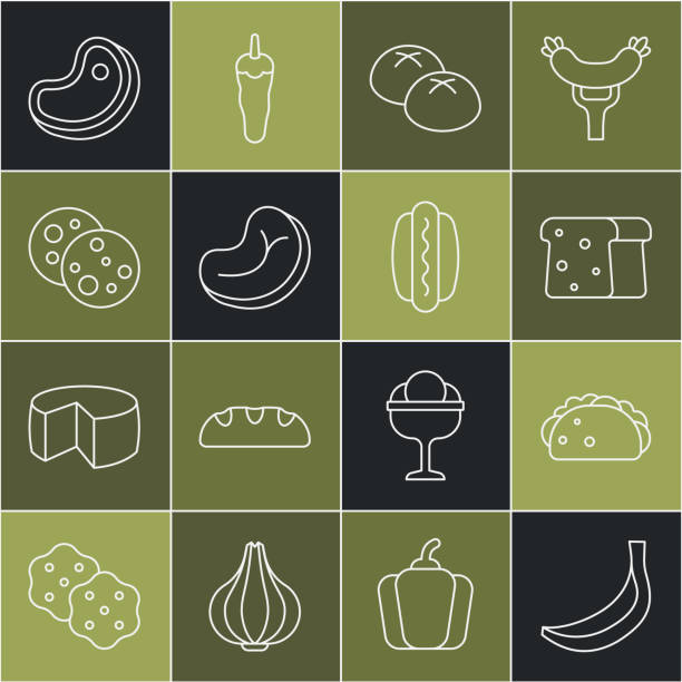 set line banana, taco with tortilla, bread toast, loaf, steak meat, cookie chocolate, and hotdog icon. vector - meat loaf 幅插畫檔、美工圖案、卡通及圖標
