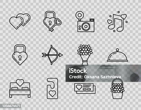 istock Set line Bedroom, Flowers in a basket, Photo camera, Please do not disturb with heart, Two Linked Hearts, Bow and arrow, Ticket and Covered tray of food icon. Vector 1356674471