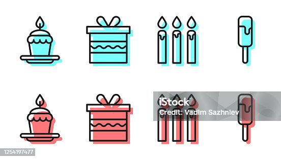 istock Set line Birthday cake candles, Cake with burning candles, Gift box and Ice cream icon. Vector 1254197477