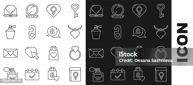istock Set line Book about women, Wedding rings, Necklace with heart shaped pendant, Female gender, Please do not disturb, Perfume, Online dating app and chat and 8 March speech bubble icon. Vector 1358986507