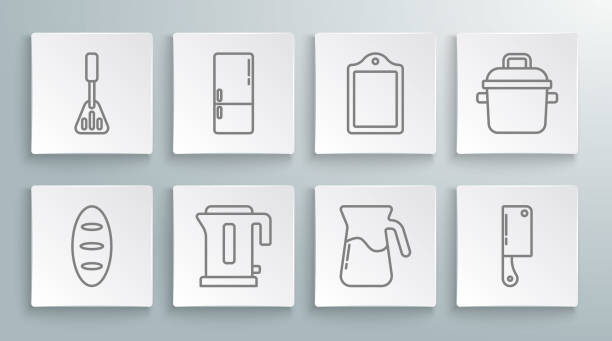 set line bread loaf, refrigerator, electric kettle, jug glass with water, meat chopper, cutting board, cooking pot and spatula icon. vector - meat loaf 幅插畫檔、美工圖案、卡通及圖標