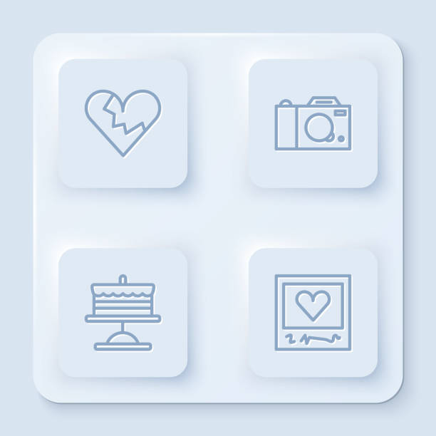 Set line Broken heart or divorce, Photo camera, Cake on plate and frames and hearts. White square button. Vector Set line Broken heart or divorce, Photo camera, Cake on plate and frames and hearts. White square button. Vector. divorce borders stock illustrations