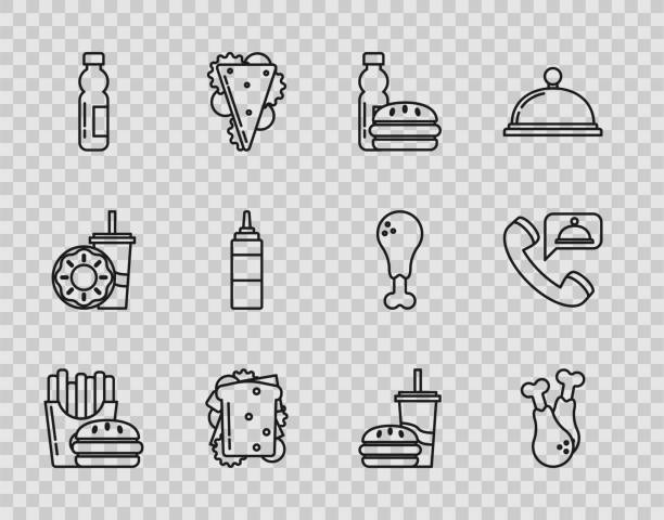 stockillustraties, clipart, cartoons en iconen met set line burger and french fries in carton package box, chicken leg, bottle of water burger, sandwich, sauce bottle, paper glass with drinking straw and food ordering icon. vector - plate hamburger