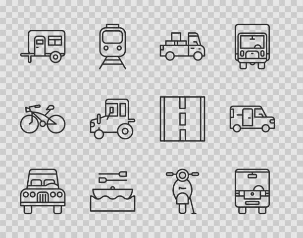 set-linie auto, bus, lieferwagen, boot mit rudern, wohnmobil campinganhänger, traktor, roller und minibus-symbol. vektor - motorrad fluss stock-grafiken, -clipart, -cartoons und -symbole