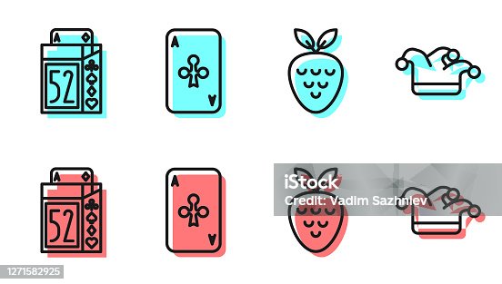 istock Set line Casino slot machine with strawberry, Deck of playing cards, Playing card with clubs and Joker playing card icon. Vector 1271582925