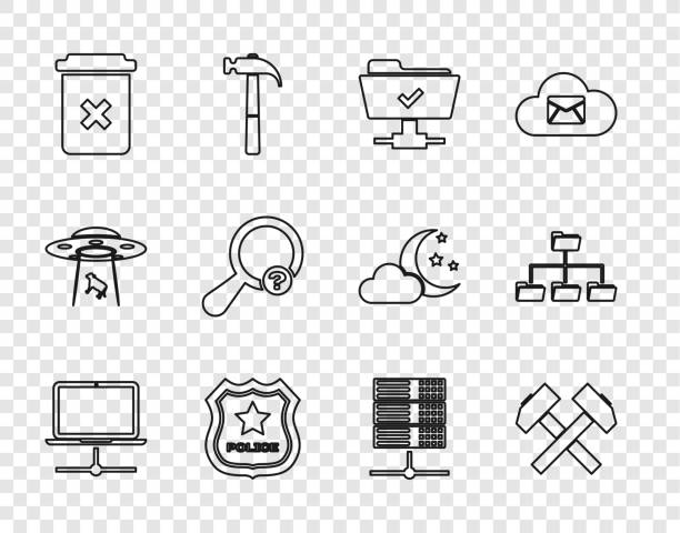 Set line Computer network, Two crossed hammers, FTP operation successful, Police badge, Trash can, Unknown search, Server, Data, Web Hosting and Folder tree icon. Vector Set line Computer network Two crossed hammers FTP operation successful Police badge Trash can Unknown search Server Data Web Hosting and Folder tree icon. Vector. Best web hosting 2021 stock illustrations