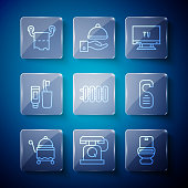 istock Set line Covered with tray, Telephone handset, Toilet bowl, Smart Tv, Heating radiator, Toothbrush toothpaste, paper roll and Please do not disturb icon. Vector 1359186301