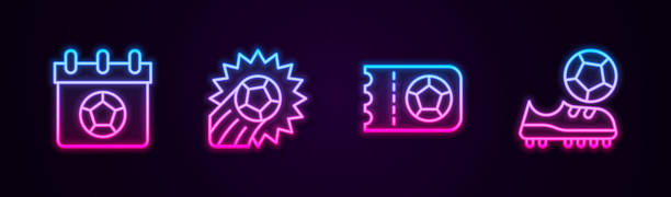 Set line Football or soccer calendar, Soccer football, ticket and shoes. Glowing neon icon. Vector Set line Football or soccer calendar, Soccer football, ticket and shoes. Glowing neon icon. Vector. pink soccer balls stock illustrations